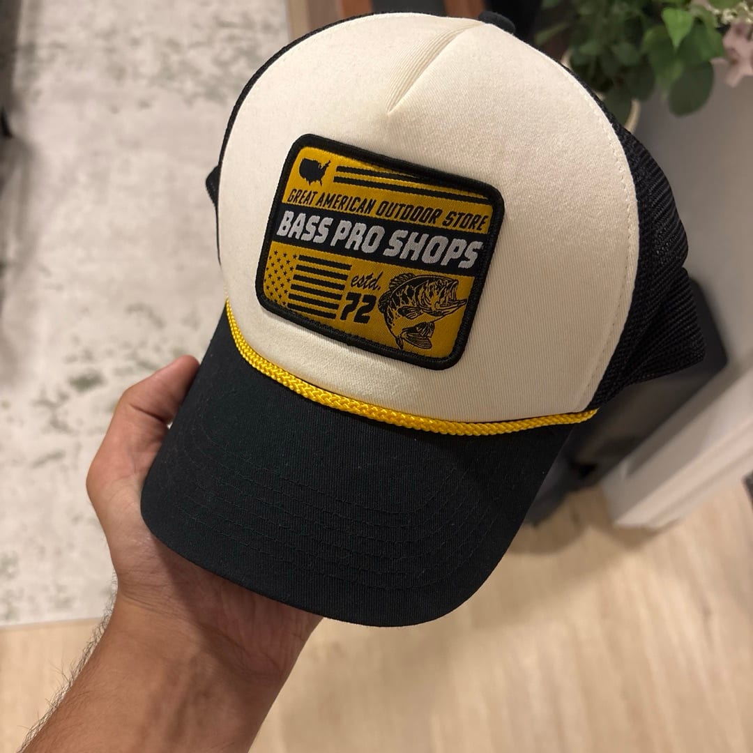 Black + White Bass Pro Shops mesh trucker hat w/ rope