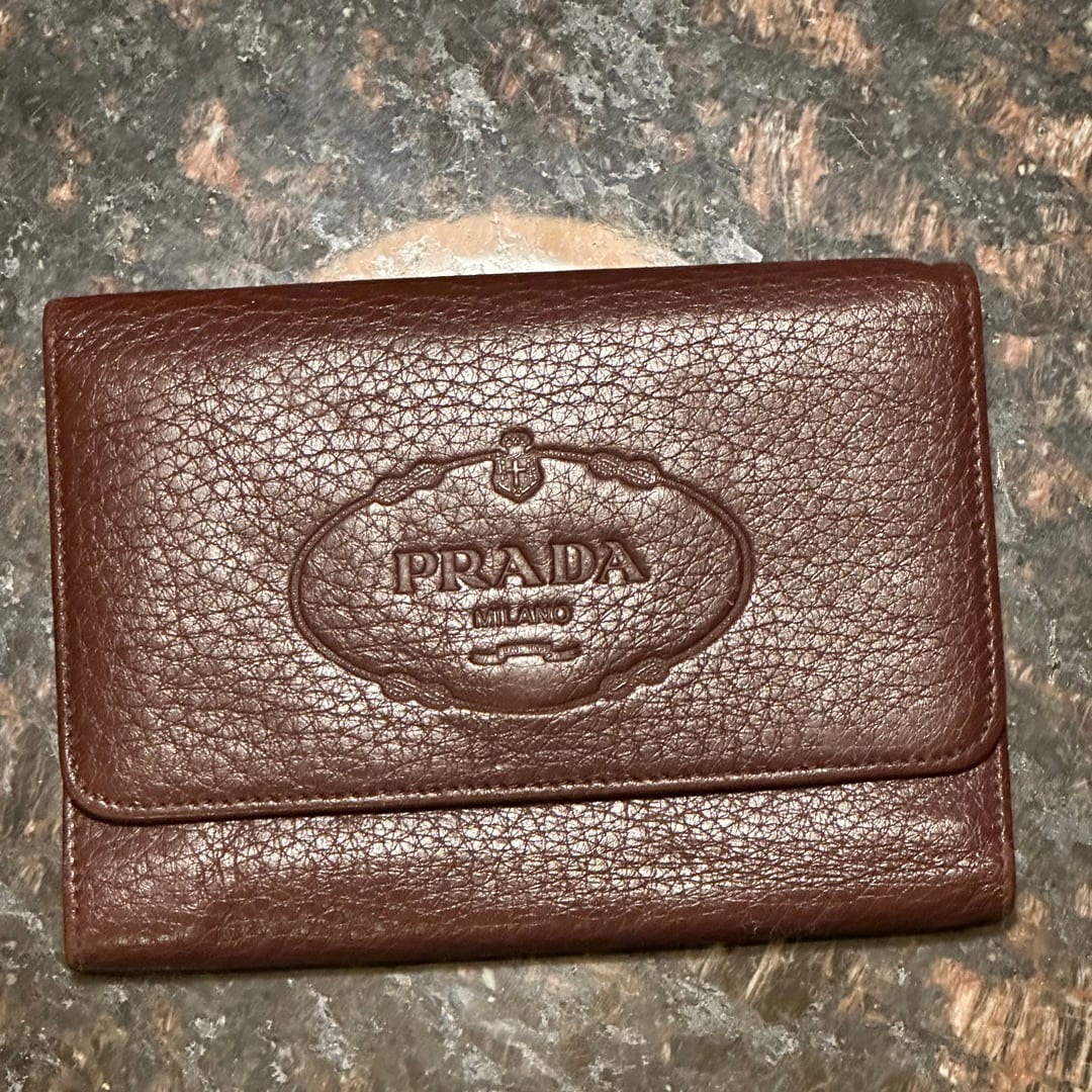 Vintage Prada Embossed Crest Leather Wallet - Dark Brown
