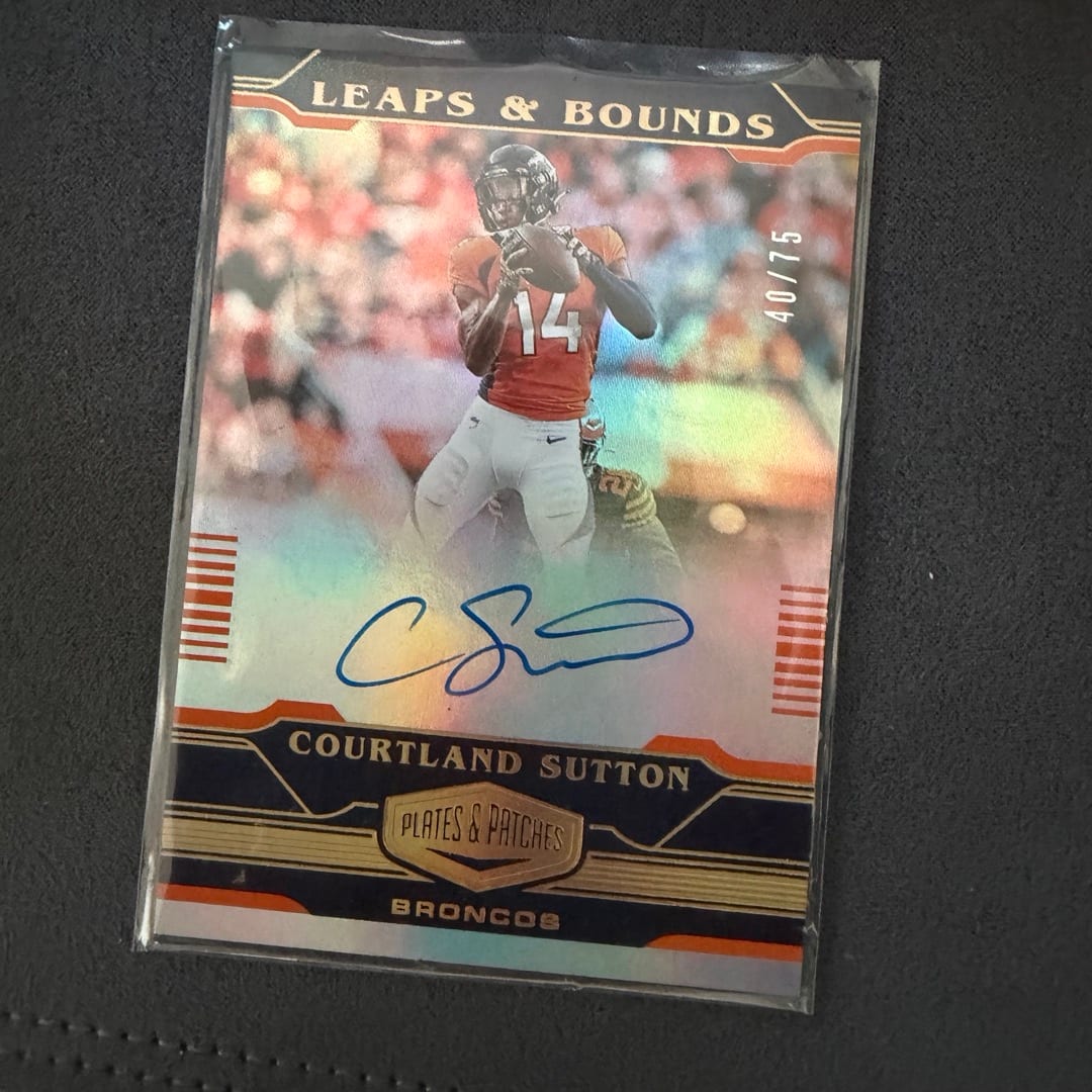 authentic Courtland Sutton Autograph Card from the Panini Plates & Patches "Leap
