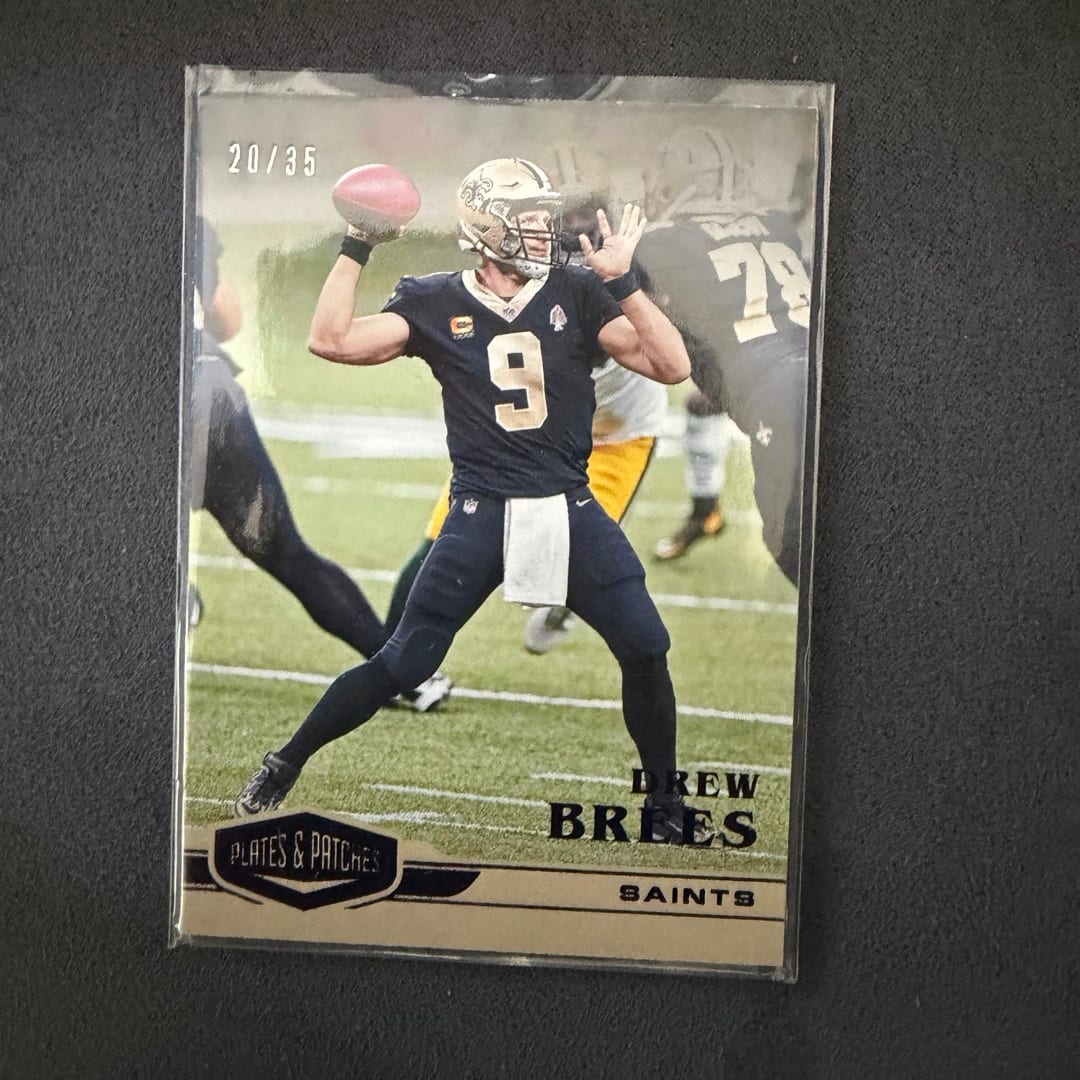 authentic 2020 Panini Plates & Patches Drew Brees base parallel card, serial-num